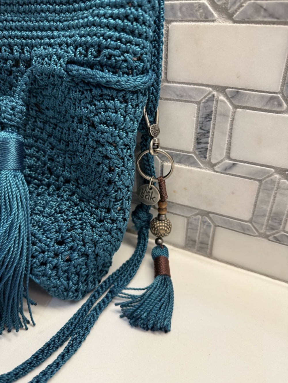 The Sak…Handmade Teal Crochet Crossbody Bag with Tassel - Picture 3 of 7